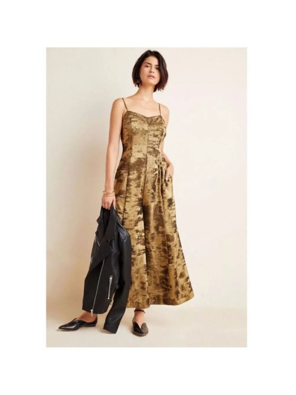 Anthropologie Erica Gold Metallic Satin Wide Leg Jumpsuit Party Holiday Sz 00